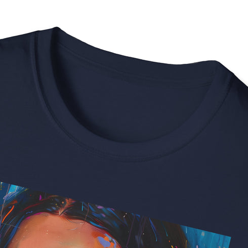Charcoal cotton T-shirt with vibrant Kendall Jenner portrait evokes captivating allure