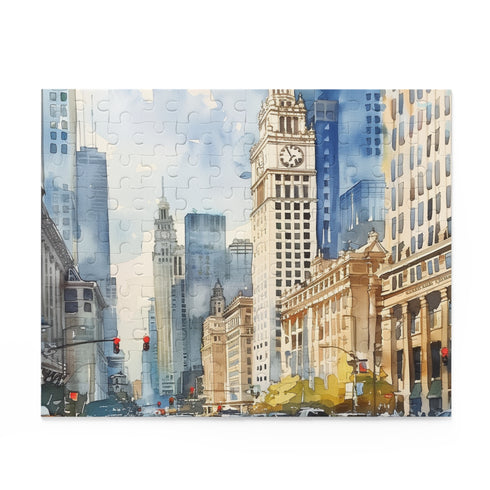 Cityscape watercolor jigsaw puzzle depicting Chicago skyline (120 pcs, 10"x8").
