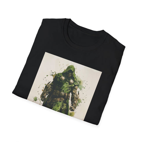 Charcoal crew neck cotton T-shirt with Doctor Doom green silver armor design