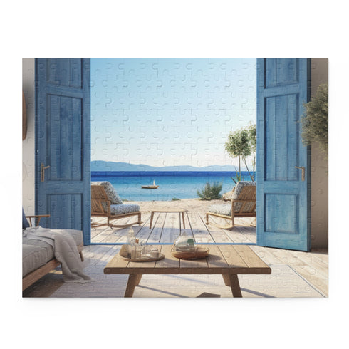 Blue wooden window puzzle, 120 pieces - seaside villa escape vibe.