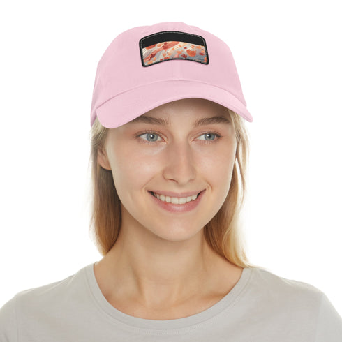 Autumn-inspired foliage patterned baseball cap in white with light brown patch.