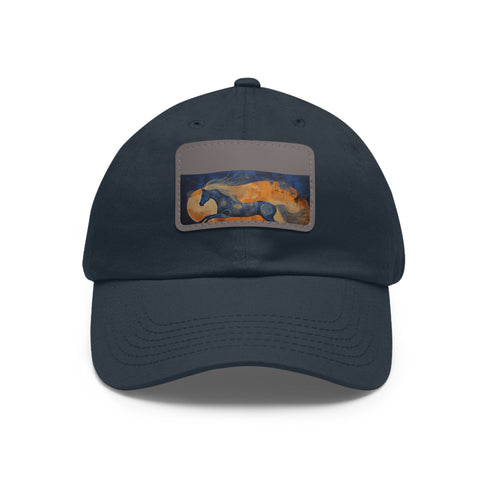 White baseball cap with abstract horse artwork textured design.