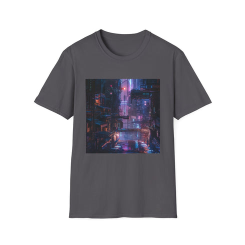 Cyberpunk cityscape t-shirt in charcoal cotton with crew neck design