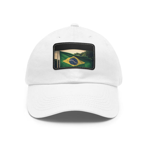 White Brasilian Pride flag baseball cap with light brown rectangle patch.