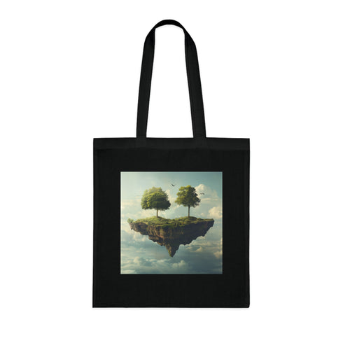 Black cotton tote bag with surreal dreamscape voyage design for exploration.