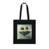 Black cotton tote bag with surreal dreamscape voyage design for exploration.