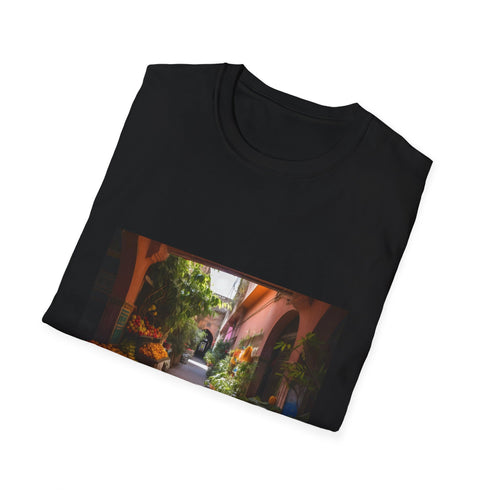 Colorful Marrakech-inspired charcoal t-shirt with vivid patterns capturing Moroccan essence