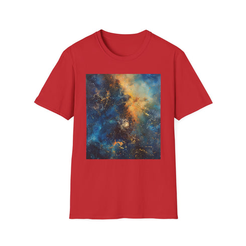 Charcoal galaxy painting t-shirt with vibrant cosmic design and crew neck