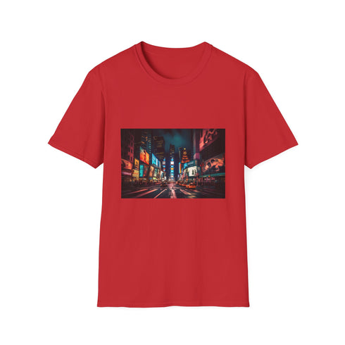 Charcoal crew neck T-shirt featuring vibrant New York City night scene