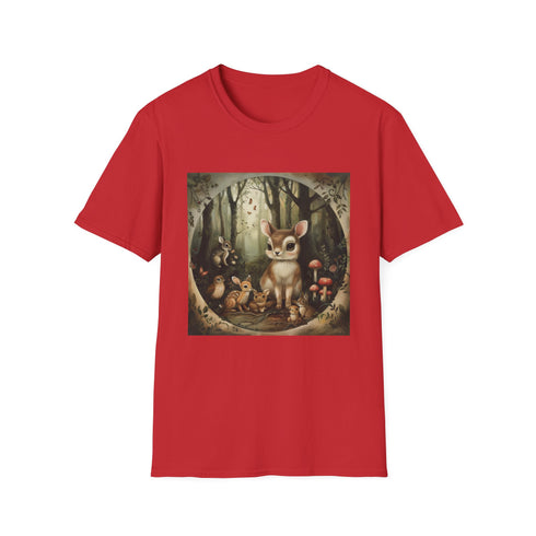 Charcoal cotton T-shirt featuring playful woodland creatures in a vibrant forest design