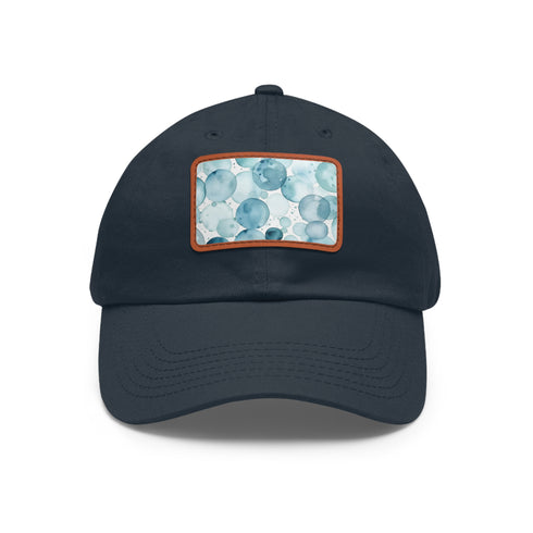 White Cotton Baseball Cap with Light Brown Patch and Ocean Pattern.
