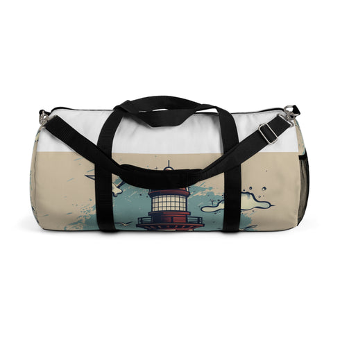 Coastal lighthouse waves print black duffel bag for small essentials.