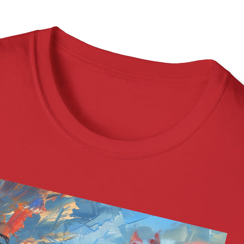 Charcoal cotton T-shirt with sunset-inspired palm tree silhouette and vibrant colors