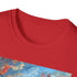 Charcoal cotton T-shirt with sunset-inspired palm tree silhouette and vibrant colors