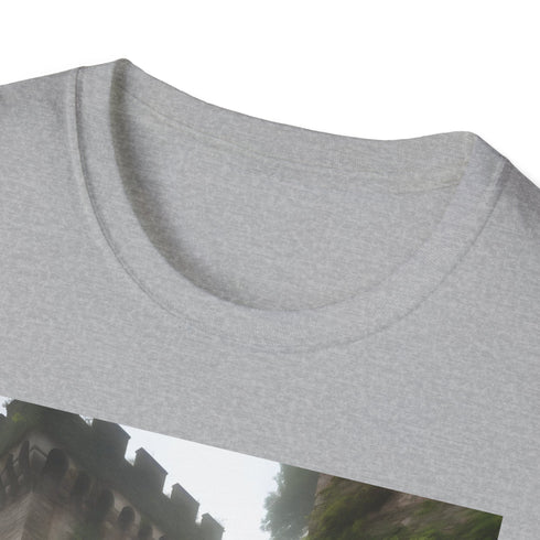 Charcoal cotton T-shirt with medieval castle and ivy design evokes ancient allure
