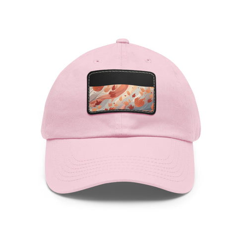 Autumn foliage patterned baseball cap with light brown rectangular patch.