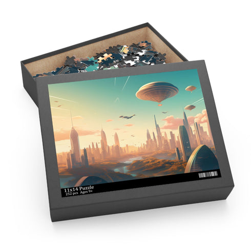 Futuristic cityscape puzzle depicting flying cars and skyscrapers on future skyline.