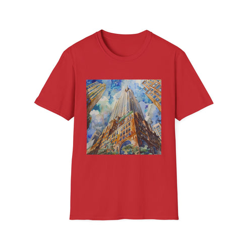 Charcoal cotton t-shirt showcasing watercolor Chrysler Building design in regular fit