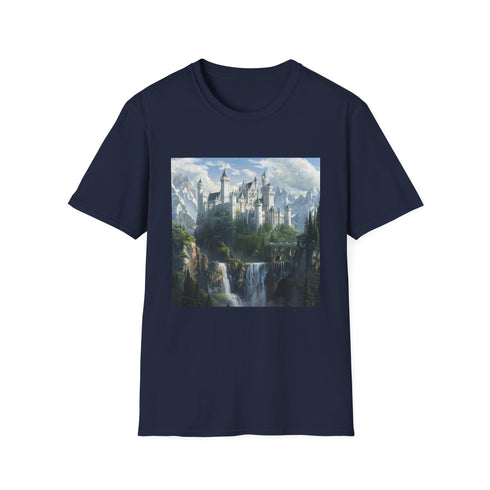 Mystical fantasy castle charcoal t-shirt with regular fit for enchanting adventures.