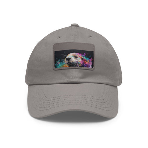 Watercolor otter baseball cap in white with light brown patch.