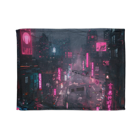 Neon Cyberpunk PS5 Blanket with futuristic skyscraper design.