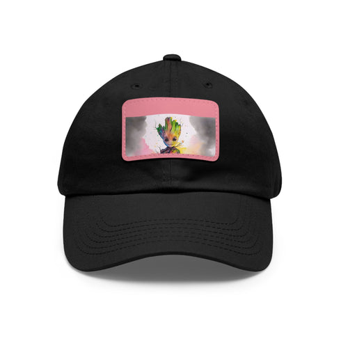 Neon watercolor Baby Groot baseball cap, white/light brown patch, unisex.