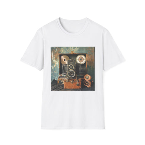 Charcoal cotton crew neck T-shirt with vintage camera and film reel design