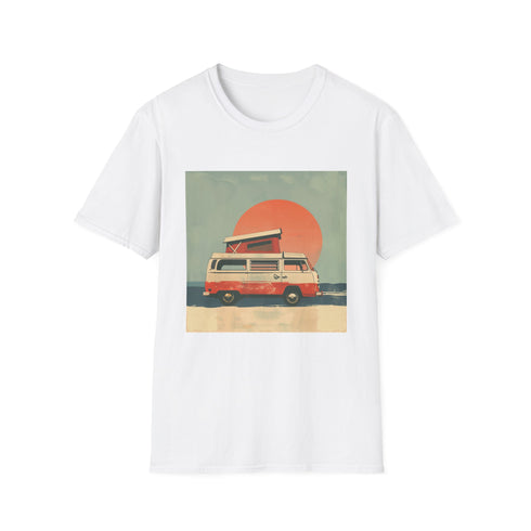 Charcoal t-shirt with retro camper van sunset design soft cotton material