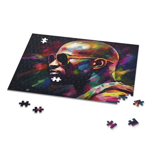 Vibrant watercolor sunglasses puzzle featuring Floyd Mayweather for boxing fans.