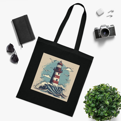 Hand-drawn black lighthouse themed cotton tote bag for accessories.