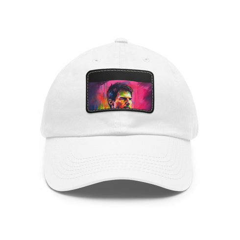 Neon watercolor baseball cap in white with light brown patch.