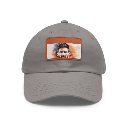 White cotton unisex hat with Lionel Messi signature patch.