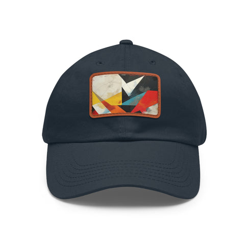 White cotton baseball cap with geometric abstract shapes design.