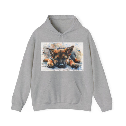 Cozy navy German Shepherd hoodie featuring vibrant watercolor puppy painting.