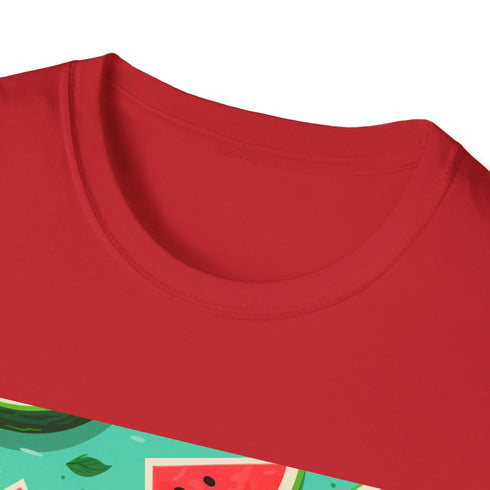 Charcoal cotton T-shirt with vibrant tropical watermelon and floral pattern