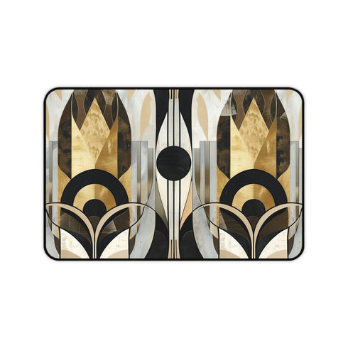 Abstract art deco desk mat with vibrant colors and patterns.