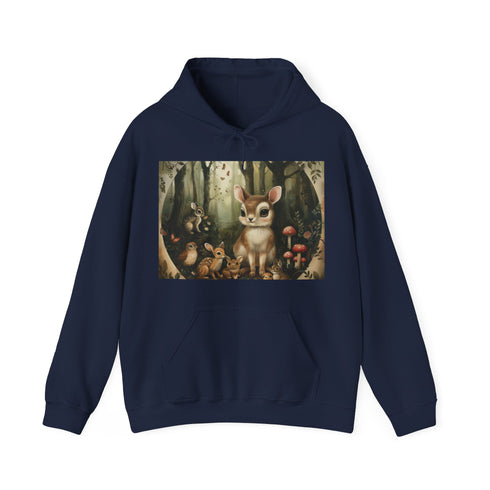 Navy woodland haven hoodie with forest creature design.