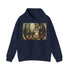 Navy woodland haven hoodie with forest creature design.