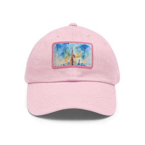 Empire State watercolor skyline cap: White with light brown patch, rectangle.