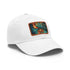 White cotton snapback hat with geometric fractal pattern patch.