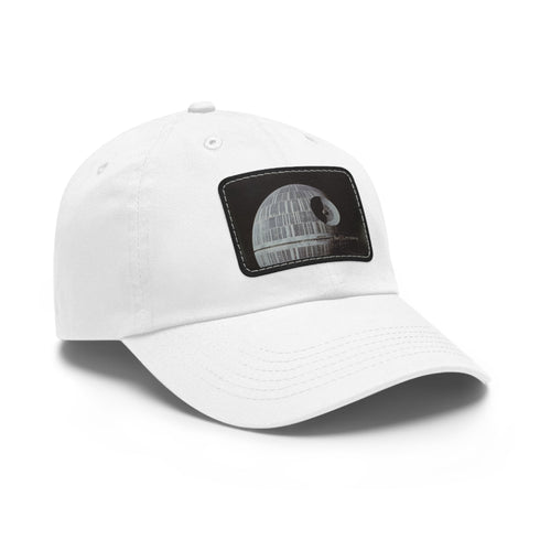 Galactic Empire Death Star white cotton baseball cap with light brown patch.