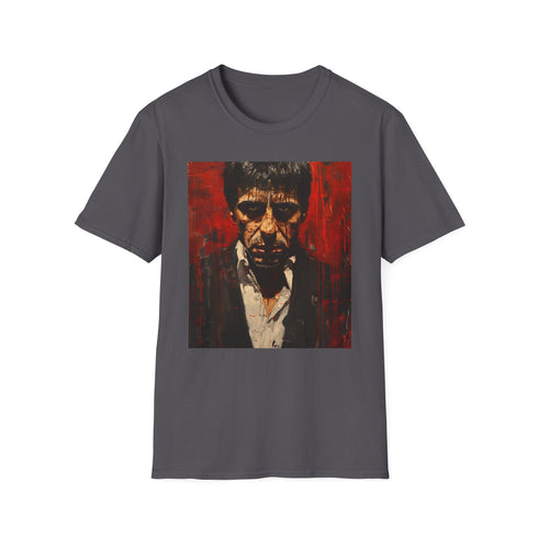 Charcoal Scarred Legacy Scarface portrait t-shirt, regular fit, crew neck.