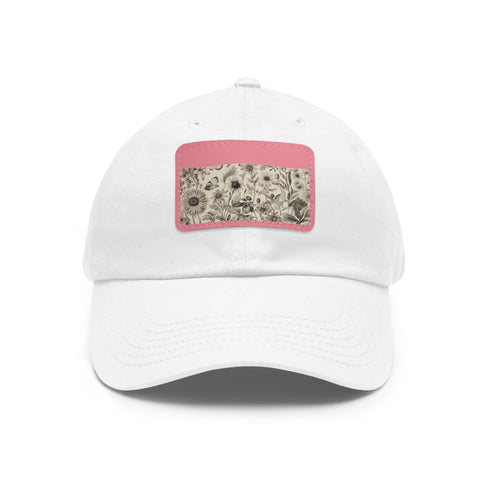 Botanical pattern white baseball cap with light brown rectangle patch.