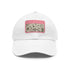 Botanical pattern white baseball cap with light brown rectangle patch.