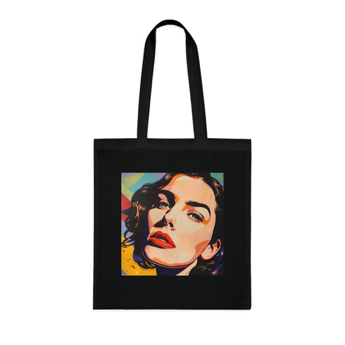 Colorful character tote bag with pop art portrait design.