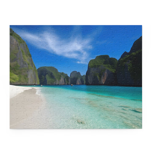 Vibrant jungle-themed puzzle with crystal-clear waters, lush greenery, and towering cliffs.