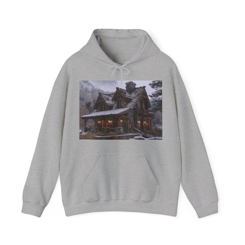 Rustic navy hoodie for men and women, mountain sanctuary vibes.