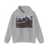 Rustic navy hoodie for men and women, mountain sanctuary vibes.