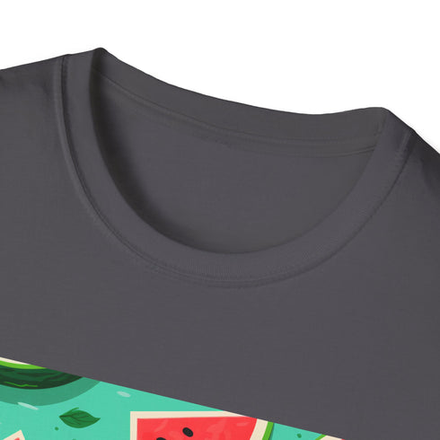 Charcoal crew neck T-shirt with vibrant watermelon and floral tropical pattern