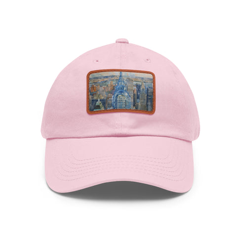 White cotton Chrysler Cityscape Watercolor Baseball Cap with light brown patch.